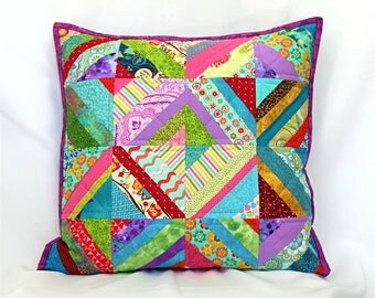 Colorful Patchwork Pillow, Quilted Pillow Cover, Throw Pillow, Shabby Chic Pillow, 18 x 18 Pillow, Pillow Sham, Decorative Pillow
