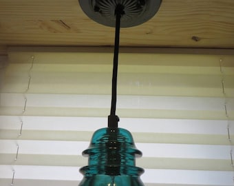 Insulator Pendant Light, Hammered Black Metal Paint Finish, Adjustable To 54" Long, Glass Antique Insulator Light, Hanging Lamp, Aqua Green