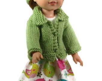 Wellie Wishers Doll Clothes: Handmade Sweet Pea 4 Piece Outfit Sweater, Hat, Dress. Bracelet 14.5 in doll, Christmas in July, Free Shipping