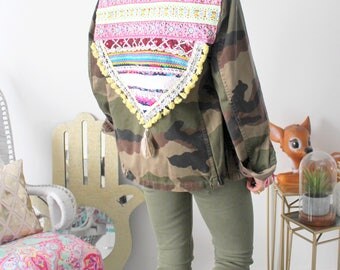 veste kaki militaire vintage broderies, ethnique dos
