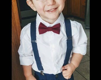 Burgundy Bow tie Navy Blue Suspenders Mens bowtie Rustic Wedding Burgandy Ring Bearer Outfit Groomsmen Bow ties Toddler Boys bowties kids
