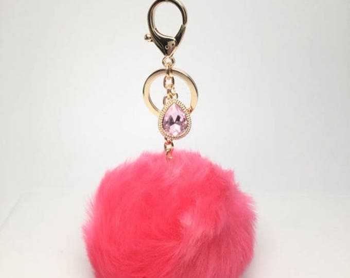 NEW! Faux Rabbit Fur Pom Pom bag Keyring keychain artificial fur puff ball in Hot Pink Crystals Collection