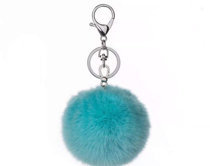 Aqua Blue Fur pom pom keychain fur puff ball bag pendant charm silver hardware