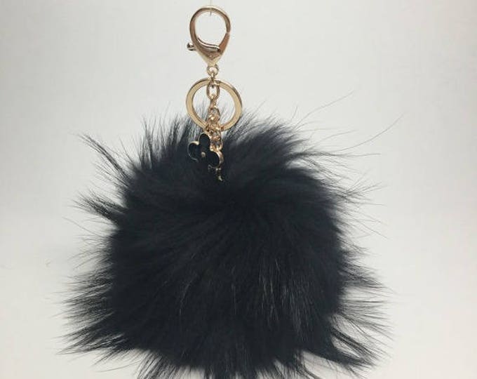 Grand size Black Raccoon Fur Pom Pom luxury bag pendant + black flower clover charm keychain