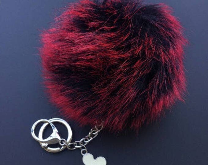 Black Red Frost Faux Rabbit Fur Pom Pom bag Keyring keychain fake ball puff