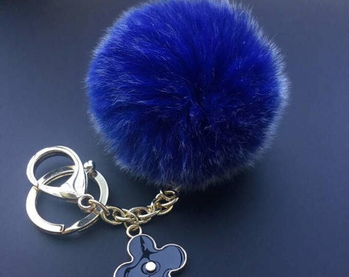 Royal Blue Frost Genuine Rabbit fluffy ball furkey fur ball pom pom keychain for car key ring Bag Pendant