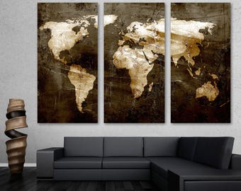 Rustic Brown World Map Canvas Print Wall Art - 3 Panel Split, Triptych. Home wall decor, interior design decoration. Housewarming gift idea