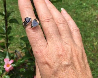 Iolite and raw tanzanite ring