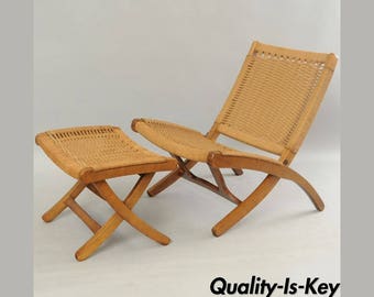 Mid Century Modern Woven Rope Folding Lounge Chair & Ottoman Hans Wegner Style