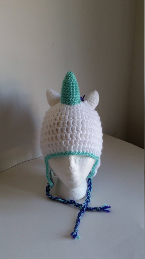 Unicorn Crocheted Hat in white acrylic yarn with mint horn