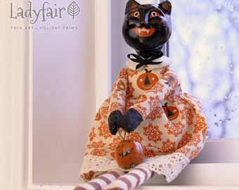 Katarina Halloween Folk Art Doll • Holiday Collectible • Black Cat • Halloween Decor