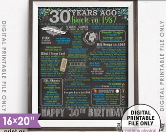1987 Birthday Poster 30th Birthday Gift Flashback 30 Years Born in 1987 30th B-day, 8x10/16x20” Chalkboard Style Printable Instant Download