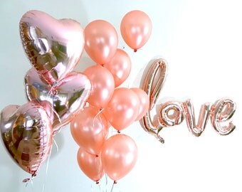 Rose Gold Balloon Bouquet | Baby Shower Decorations | Rose Gold Balloons | Heart Shaped Balloons | Pink and Gold | Pink Balloons | Rose Gold
