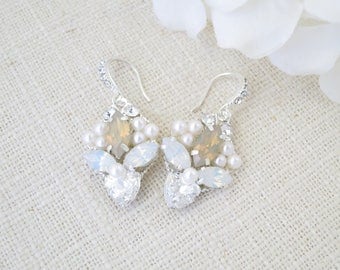 Swarovski opal wedding earring, Crystal and pearl dangle earring, Unique champagne bridal earring, Bridesmaid earring
