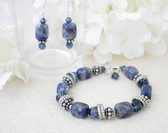 Gemstone jewelry set, Blue sodalite beaded bracelet and earring set, Swarovski crystal and pewter set, Business casual jewelry set