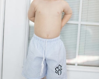 Boys seersucker monogrammed swim trunkes ~ custom boys swim trunk ~ seersucker swim trunks