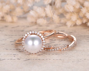 akoya pearl engagement ring set solid 14k rose gold halo diamond band 2pcs bridal ring set - Pearl Wedding Ring Sets akoya pearl engagement ring set solid 14k rose gold halo diamond band 2pcs bridal ring set - Pearl Wedding Ring Sets
