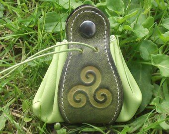 Leather pouch , triskell design , colour "vert anis /green" (16 colors available)