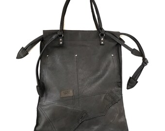 Black leather tote bag, shoulderbag, handbag, drawstring tote