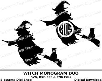 Witch monogram duo cut files, digital download, halloween svg, witch clipart, witches svg, halloween dxf, svg template, halloween eps vector