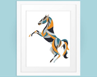 Horse Wall Art, Printable Gift for Horse Lover in Orange and Blues, Geometric Print, Wall Art Print, INSTANT DOWNLOAD