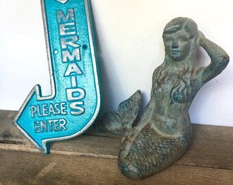 ON SALE Cast Iron Mermaid Sign - Turquoise Blue/ or Pick Color - Beach Decor - Bathroom Wall Decor - Mermaid Decor - Mermaid Wall Art - Naut