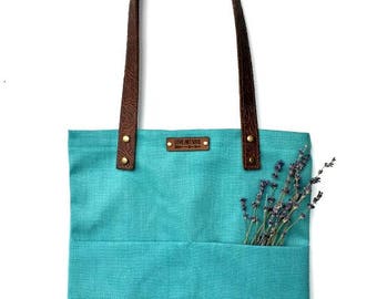 Tote Bag with Embossed Leather Handles - Ocean