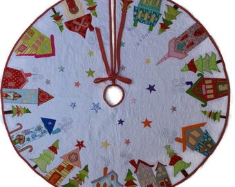Ready to Ship, XL Appliqué Christmas Tree Skirt, Whimsical Tree Skirt, Houses, Trees, Stars, Bright Colors and Bold Designs,