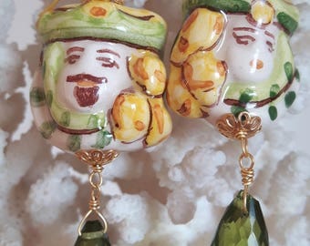 Earrings with ceramic heads Caltagirone, silver Peridot and drops