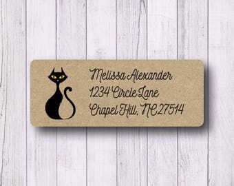 Halloween Labels - Black Cat Labels - Return Address Labels - Spooky - Fall Halloween Party Invitation Labels - White, Kraft, or Clear