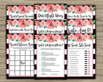 Bridal Shower - Games Package - Nine Games - PRINTABLE - INSTANT DOWNLOAD - Black & White - Floral - Pink - 9 Bridal Shower Games - L25