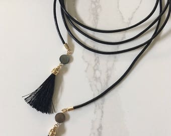 Black Leather Wrap Necklace | Abalone Charm | Tassle Necklace
