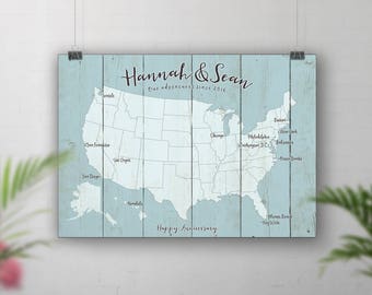 Blue Rustic Map, Custom USA Map, Travel Bucket List, Personalised Travel Map, 1st Wedding Anniversary Gift, 40th Birthday, Places We've Been