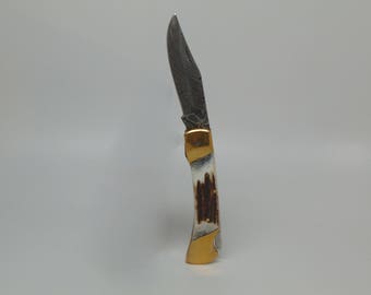 Stickler Mini Gozen Knives Damascus Folder back lock folding knife Stag handle high quality brass bolster beautiful unique