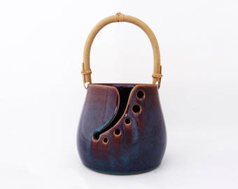 Small brown with blue effects yarn bowl with handle, stoneware