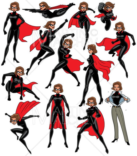 Super Heroine Set Vector Cartoon Clipart Illustration.