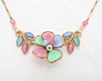 Vtg Unsigned Trifari Necklace Pink Blue Green Poured Glass Gripoix Flower Bead Pendent