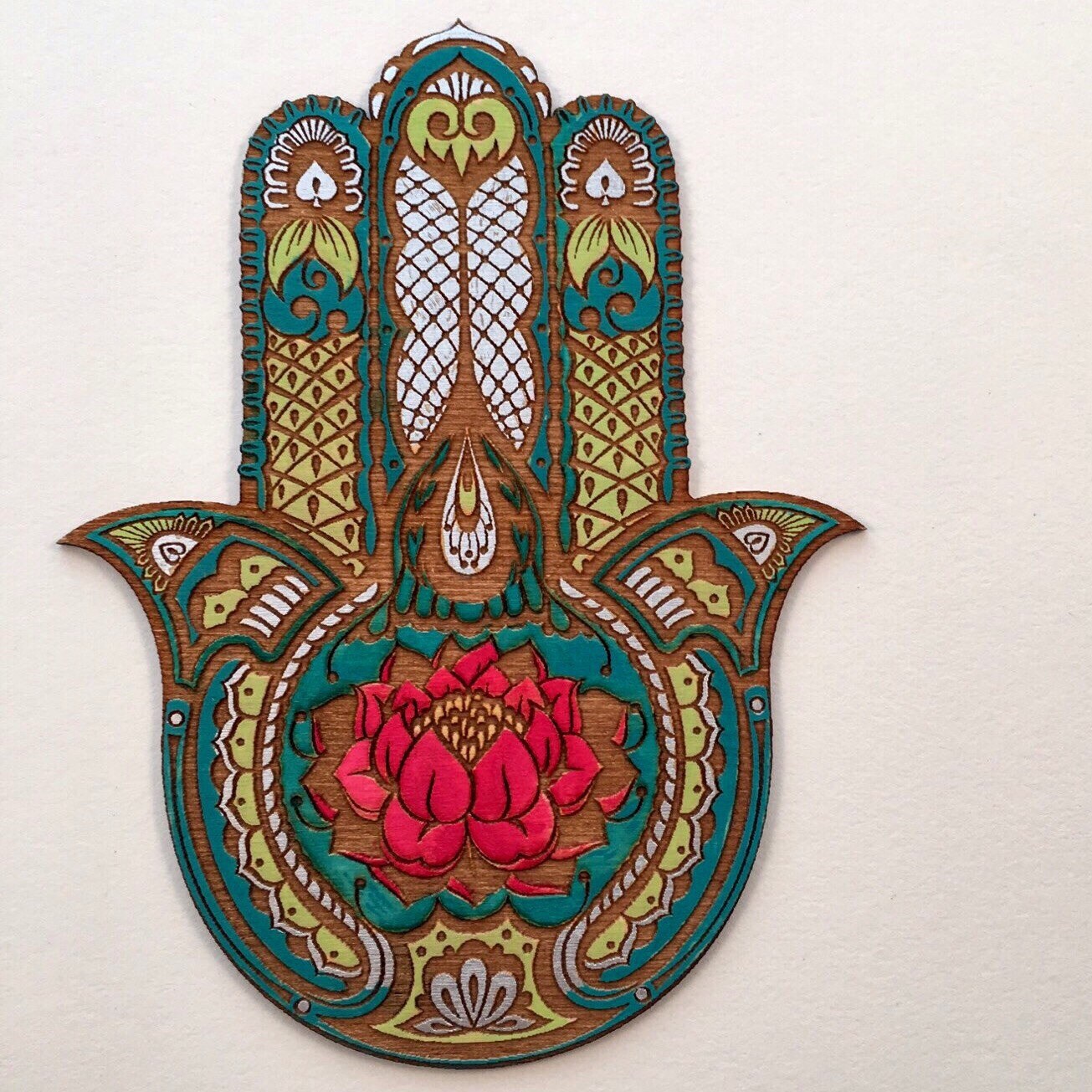 Lotus Flower Hamsa Wall Art Hand Painted Sacred Protection