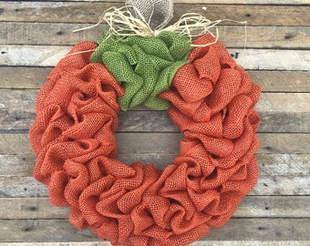 Burlap Pumpkin Wreath, Fall Wreath, Autumn Wreath, Halloween Wreath, Front Door Wreath, Orange, Handmade, Fall Decor