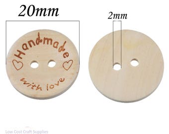 Wooden Buttons, Handmade Buttons, Handmade With Love Buttons, Handmade Tags, Handmade With Love, 20mm Buttons, Plain Round Buttons,
