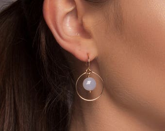 Blue Chalcedony Earrings Gold or Silver, Blue Chalcedony Halo Earrings, Circle Earrings, Circle Drop Earrings, Blue Drop Earrings