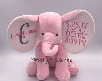 Destash Sale : ) Personalized Birth Announcement Stuffed Animal, Elephant, Birth Stats, Nursery Decor, Baptism Gift, Baby Gift, Baby Shower