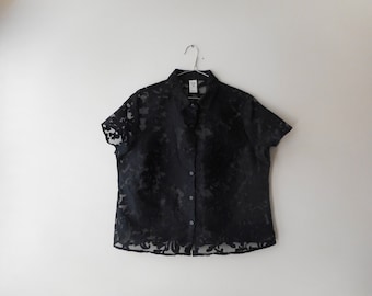 90's See Through Floral Short Sleeve Button Up Collared Shirt
