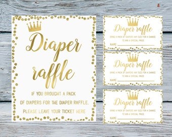White and gold confetti Diaper Raffle Ticket and Diaper Raffle Sign Prince or princess Polka Dots Baby Diaper Raffle diaper sign tickets