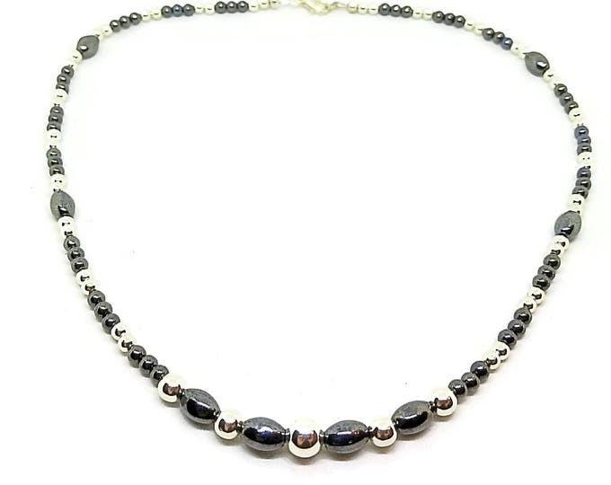 Hematite Beaded Necklace, Black and Silver Necklace, Gemstone Necklace, Unisex Necklace, Unique Birthday Gift