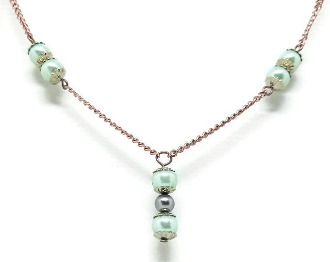 Seafoam Green Pearl Copper Necklace, Swarovski Pearl Necklace, Faux Pearl Necklace, Unique Birthday Gift, Gift for Her,