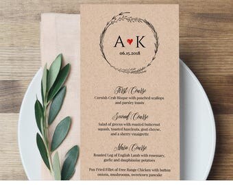 Rustic Menu Card Template, Printable Wedding Menu, Wreath Dinner Party Menu, DIY Menu, Instant Download, 100% Editable, Digital #022-115WM