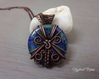 Necklace wire wrapped in antiqued copper wire and malachite and lapis lazuli donut