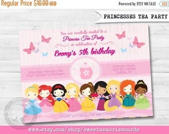 50% OFF SALE Princesses Disney, Princess Tea Party Invitation, All Princesses, Tea Party Invitation, Tea Birthday Invitation