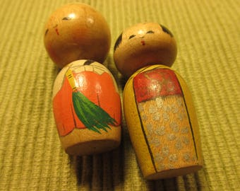 Miniature Japanese Handmde Wooden Kokeshi Folk Dolls, Set of 2